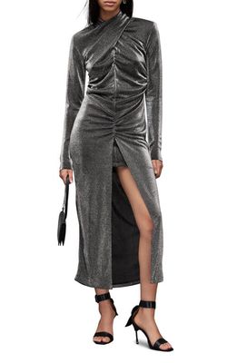 AllSaints Ayla Metallic Long Sleeve Maxi Dress in Silver