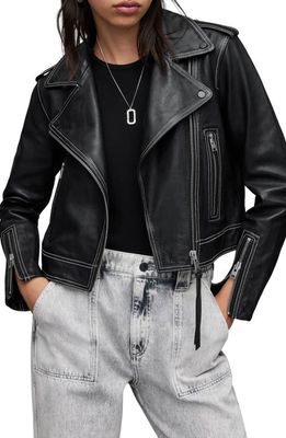 AllSaints Ayra Contrast Stitch Leather Biker Jacket in Black
