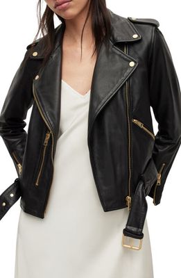 AllSaints Balfern Sheepskin Leather Biker Jacket in Black/Gold