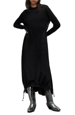 AllSaints Bee Long Sleeve Drawstring Hem Satin Dress with Merino Wool Sweater in Black