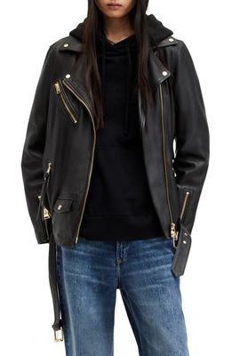 AllSaints Billie Oversize Leather Biker Jacket in Black/Gold