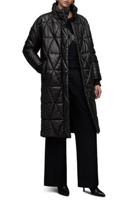 AllSaints Bon Longline Quilted Leather Puffer Coat in Black