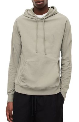 AllSaints Brace Embroidered Logo Cotton Hoodie in Bay Leaf Taupe