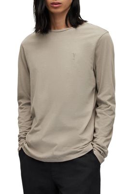 AllSaints Brace Embroidered Logo Long Sleeve T-Shirt in Bay Leaf Taupe