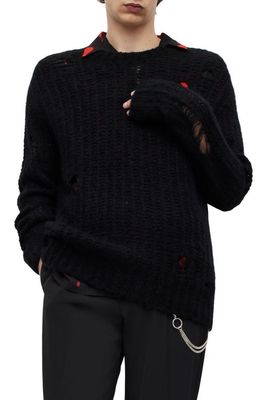AllSaints Breaker Distressed Crewneck Sweater in Black