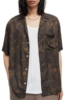 AllSaints Caiman Relaxed Fit Reptile Print Short Sleeve Button-Up Camp Shirt in Jet Black