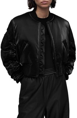 AllSaints Callie Shine Crop Faux Leather Bomber Jacket in Black