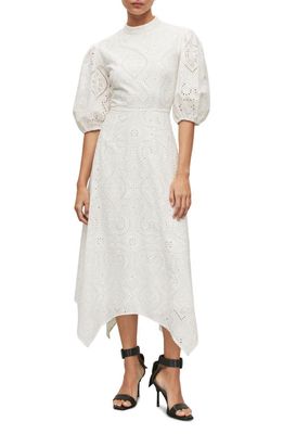 AllSaints Camila Broderie Anglaise Handkerchief Hem Midi Dress in Off White