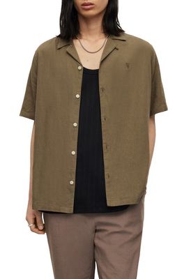 AllSaints Canal Short Sleeve Linen Blend Button-Up Camp Shirt in Earthy Brown