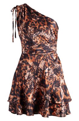 AllSaints Cayla Spark Abstract Animal Print One-Shoulder Minidress in Brown