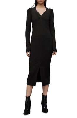 AllSaints Chara Cutout Shoulder Long Sleeve Midi Sweater Dress in Black