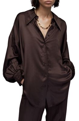 AllSaints Charli Oversize Satin Button-Up Shirt in Warm Cacao Brown
