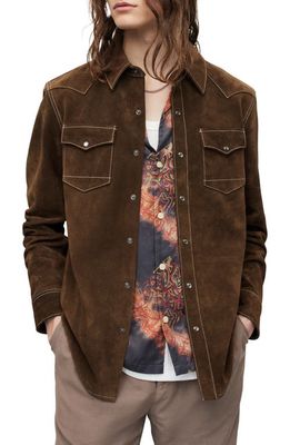 AllSaints Cruise Suede Western Snap-Up Shirt in Brown