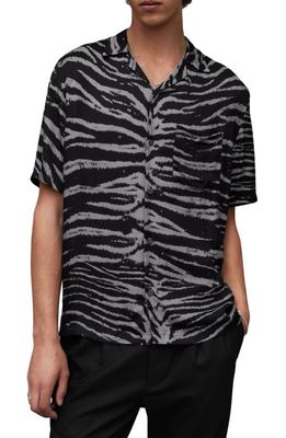 AllSaints Cubs Tiger Print Short Sleeve Button-Up Shirt in Jet Black