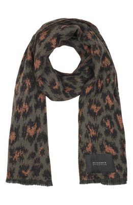 AllSaints Cult Leopard Reversible Wool Blend Scarf in Khaki