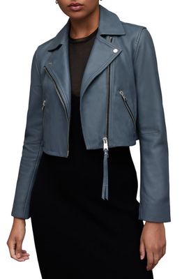 AllSaints Dalby Crop Leather Moto Jacket in Slate Grey