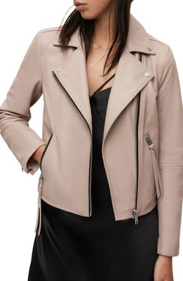 AllSaints Dalby Leather Biker Jacket in Pale Orchid Pink