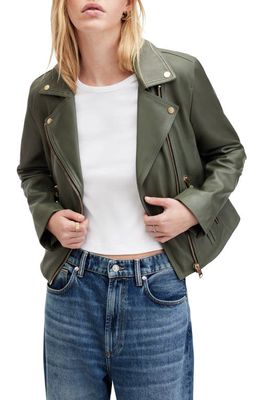 AllSaints Dalby Leather Moto Jacket in Deep Sage Green