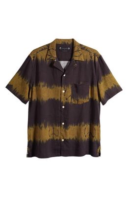 AllSaints Disarm Tye Dye Short Sleeve Linen Blend Button-Up Camp Shirt in Jet Black