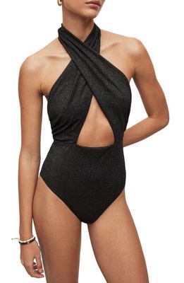 AllSaints Eleanor Shimmer Crossover Halter Neck One-Piece Swimsuit in Black Gold