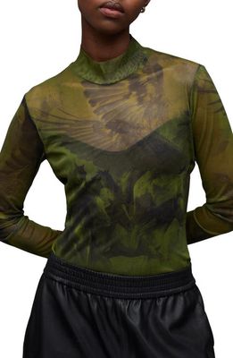 AllSaints Elia Colca Print Mesh Bodysuit in Olive Green