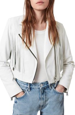 AllSaints Elora Fringe Shrunken Leather Biker Jacket in White