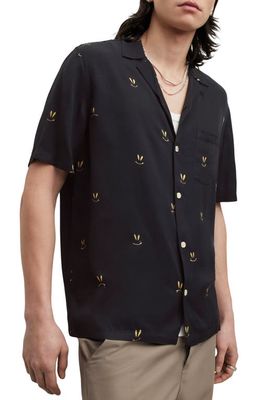 AllSaints Emotive Print Short Sleeve Camp Shirt in Jet Black