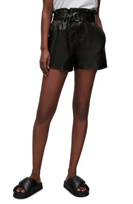 AllSaints Erica Belted Paperbag Waist Leather Shorts in Black