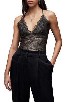 AllSaints Erity Coated Lace Bodysuit in Metallic Black