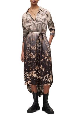 AllSaints Eva Gaia Camo Print Long Sleeve High-Low Shirtdress in Bleach Brown