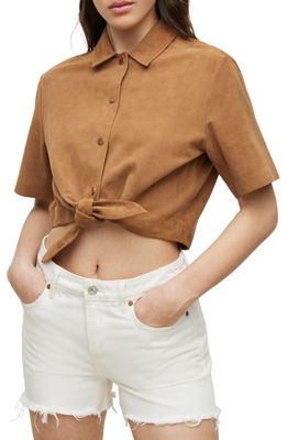 AllSaints Evady Tie-Hem Short Sleeve Suede Shirt in Tan Brown