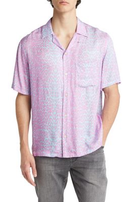 AllSaints Feline Relaxed Fit Leopard Print Short Sleeve Button-Up Camp Shirt in Aquatic Blue