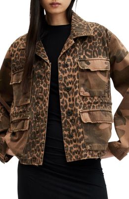 AllSaints Finch Camo Leopard Mixed Print Cotton Jacket in Animal Brown