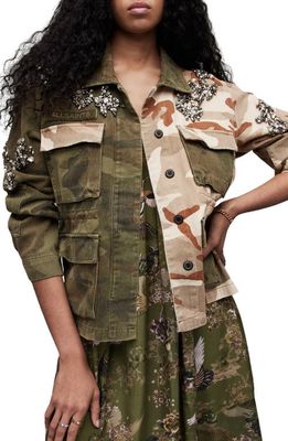 AllSaints Finch Embellished Camo Jacket in Camo Green
