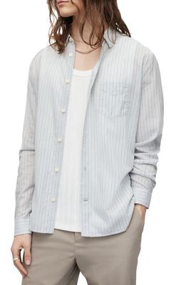 AllSaints Formentera Pinstripe Cotton Blend Button-Up Shirt in Light Grey