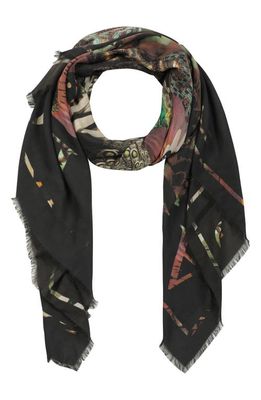 AllSaints Gene Abstract Print Fringe Square Scarf in Black Warm Brass