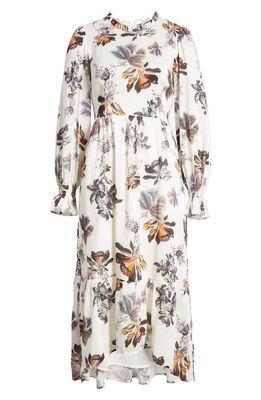 AllSaints Gracie Lilly Floral Long Sleeve High-Low Linen Blend Dress in Stone White