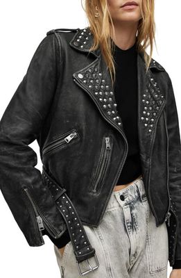 AllSaints Grommet Belted Sheepskin Leather Moto Jacket in Black