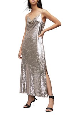 AllSaints Hadley Sequin Cowl Neck Dress in Light Gold