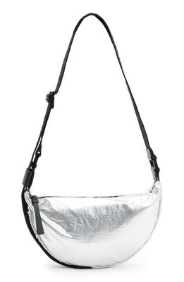 AllSaints Half Moon Metallic Nylon Crossbody Bag in Silver