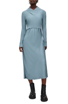 AllSaints Hana Mixed Media Long Sleeve Dress in Blue Slate