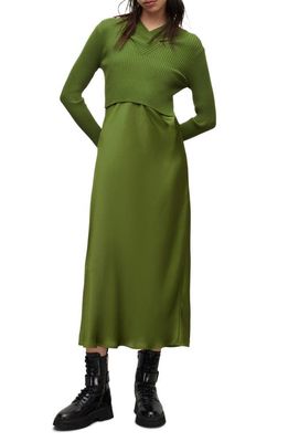AllSaints Hana Mixed Media Long Sleeve Dress in Cactus Green