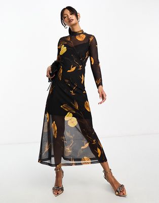 AllSaints Hannah Aretha long sleeve mesh midi dress in black