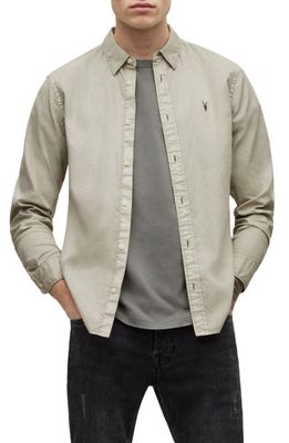 AllSaints Hawthorne Stretch Cotton Button-Up Shirt in Liberty Green