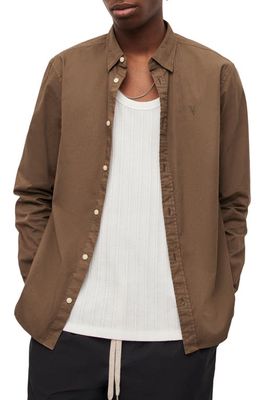AllSaints Hawthorne Stretch Cotton Button-Up Shirt in Muted Brown