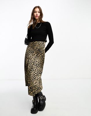 AllSaints Hera 2in1 satin maxi dress in leopard print-Black