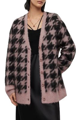 AllSaints Irma Houndstooth Alpaca & Wool Blend Cardigan in Pale Pink/Black