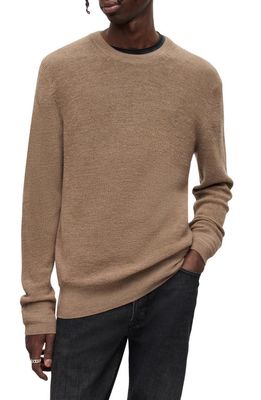 AllSaints Ivar Embroidered Logo Merino Wool Sweater in Warm Taupe Marl