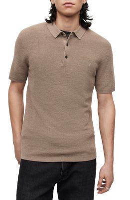 AllSaints Ivar Embroidered Logo Short Sleeve Merino Wool Polo Sweater in Warm Taupe Marl