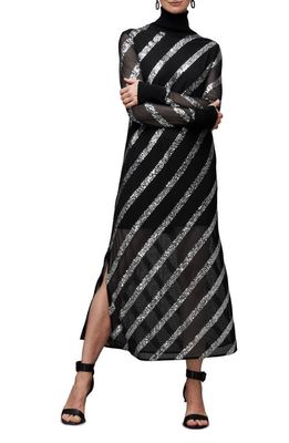 AllSaints Juela Sequin Stripe Long Sleeve Turtleneck Midi Dress in Black/Silver